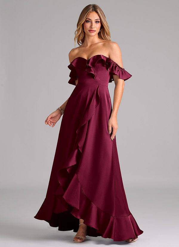 Azazie Lyra Bridesmaid Dresses Burgundy A-Line Off the Shoulder Stretch Satin Convertible Dress image1