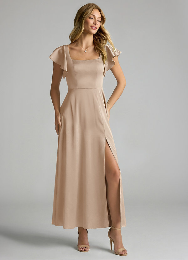 Azazie Bondi 신부 들러리 드레스 A라인 셔링 스트레치 새틴 발목 길이 드레스 image1