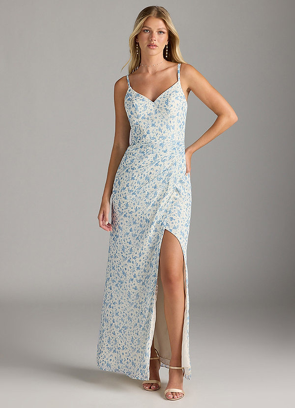Azazie Leo Bridesmaid Dresses Blue And White Ditsy Floral Mermaid V-Neck Pleated Chiffon Dress image1