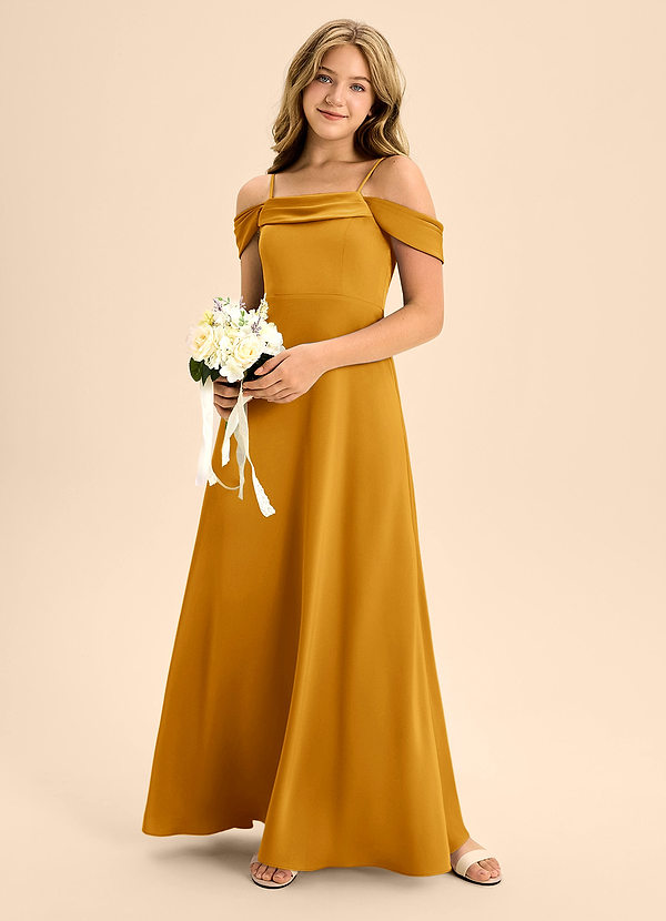 Azazie Anselie Junior Jurk van Stretch Satijn met A-Lijn Off the Shoulder Boterbabbelaar image1