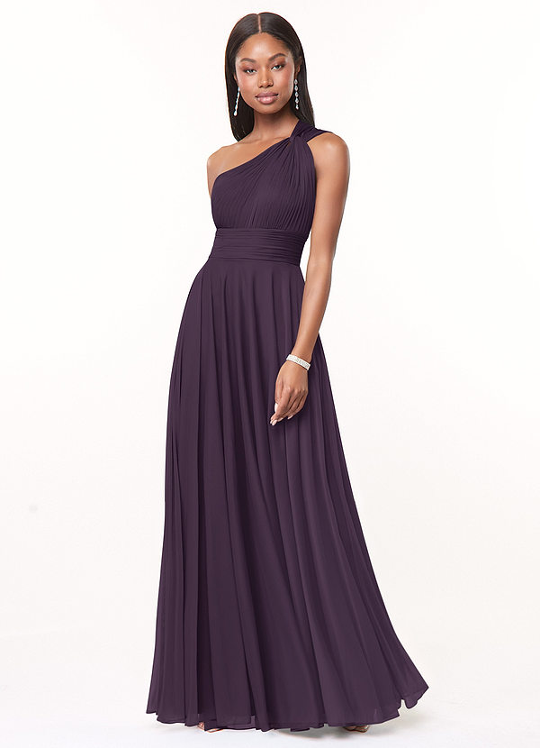 Azazie Charlize Bridesmaid Dresses Plum A-Line One Shoulder Mesh Dress image1