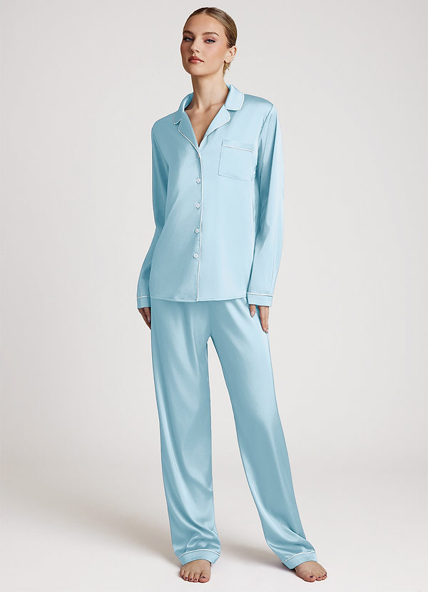 front Sky Blue Long Sleeves and Pants Satin PJ Set