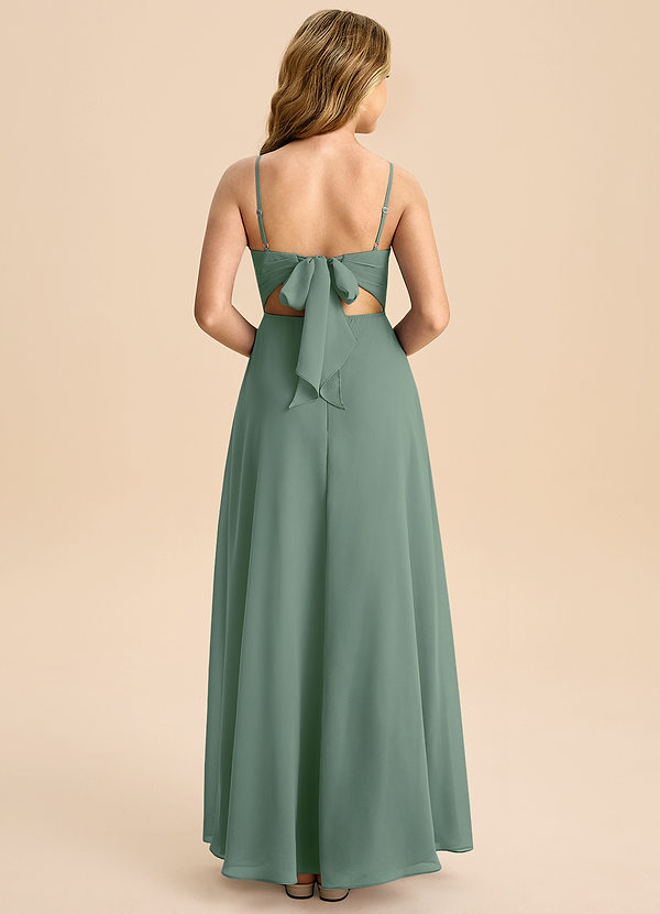Azazie Shale Junior Eucalyptus A-Line Bow Chiffon Dress image1