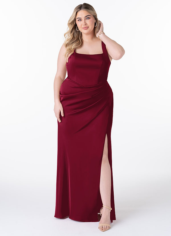 Azazie Mero Bridesmaid Dresses Burgundy Sheath Pleated Stretch Satin Dress image1