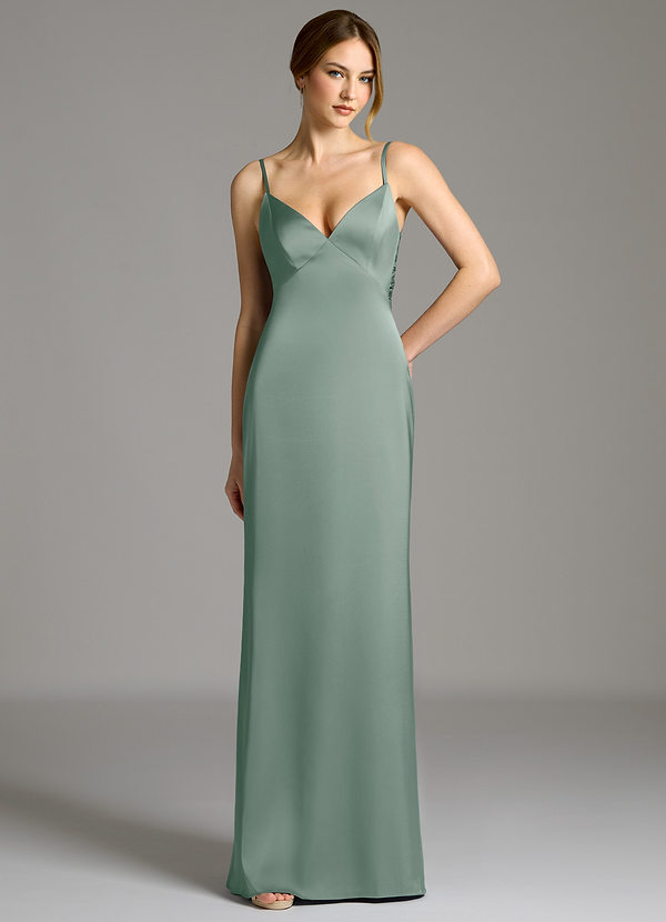 Azazie Adriane Abiti da Damigella Abito Tubino in Raso Elasticizzato Fiocco Salvia Argentata image1