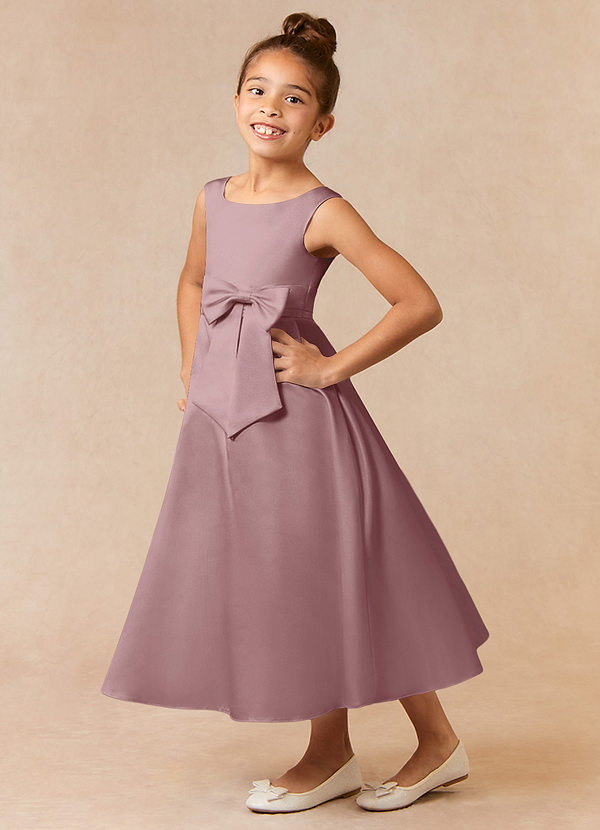 Azazie Lindy Flower Girl Dresses Dusty Rose A-Line Pleated Matte Satin Dress image1