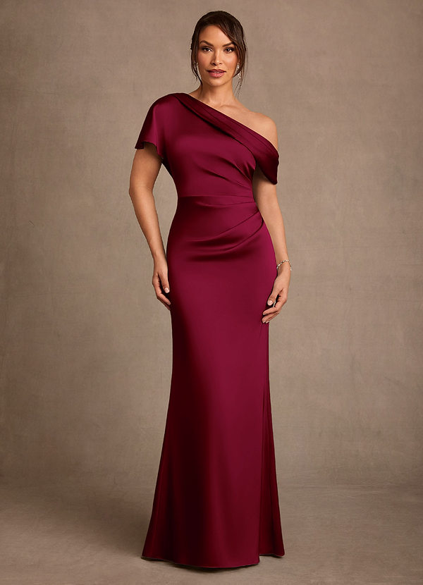Azazie Rutha Mother of the Brides Dresses Burgundy Sheath One Shoulder Stretch Satin Dress image1