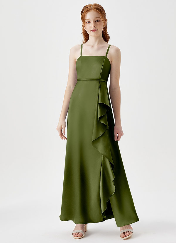 Azazie Kaylee Junior Olive A-Line with Belt Metallic Satin Dress image1
