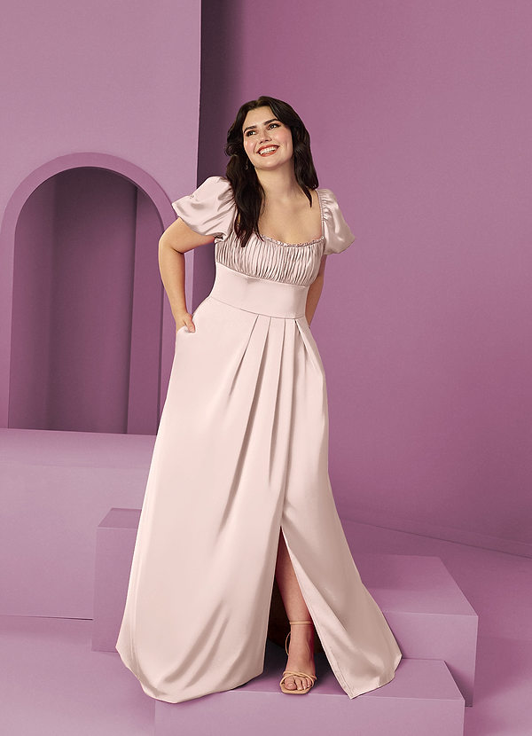 Barbie ♥ Azazie Bridesmaid Dresses Blushing Pink A-Line Ruched Stretch Satin Dress image1