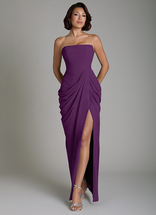 Azazie Nyra Robes de demoiselle d'honneur Robe Fourreau en Mousseline de soie Corset Grain De Raisin image1