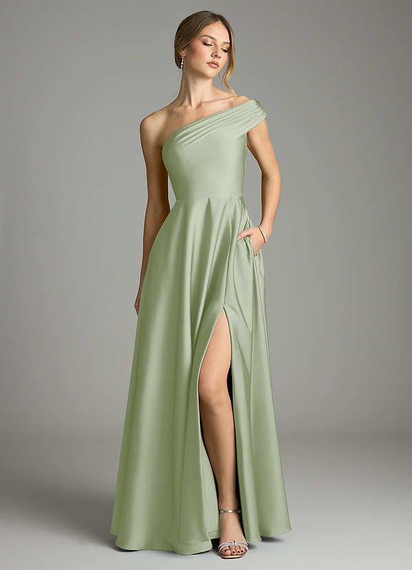 Azazie Melanie Bruidsmeisjes Jurken Jurk van Stretch Satijn met A-Lijn Off the Shoulder Stoffige Salie image1