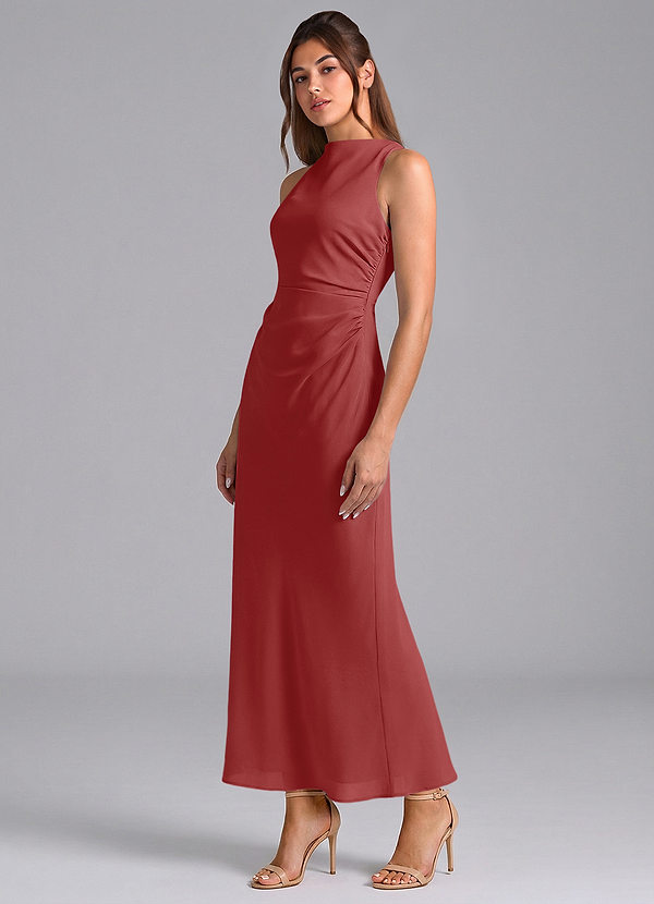 Azazie Evadne Bridesmaid Dresses Rust Sheath Pleated Chiffon Dress image1
