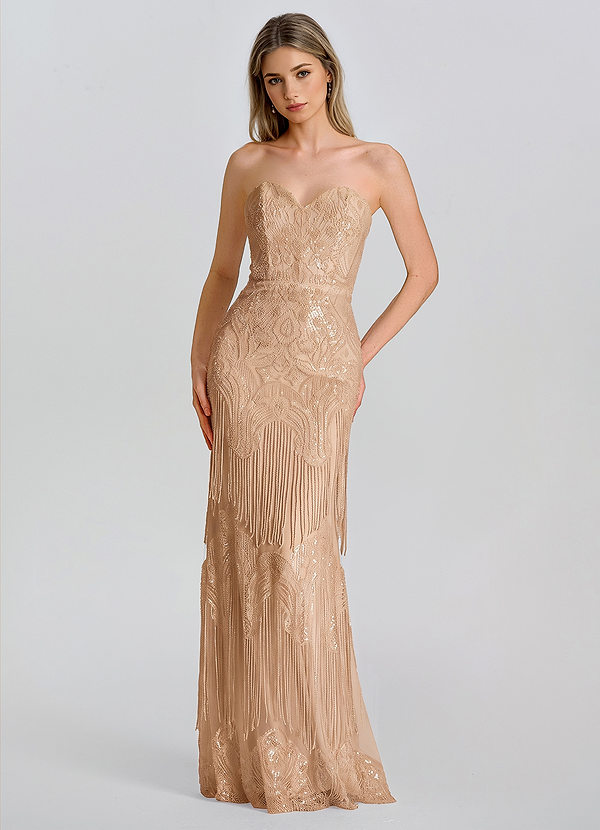 Winona Champagne Strapless Beaded Fringe Mermaid Maxi Dress image1