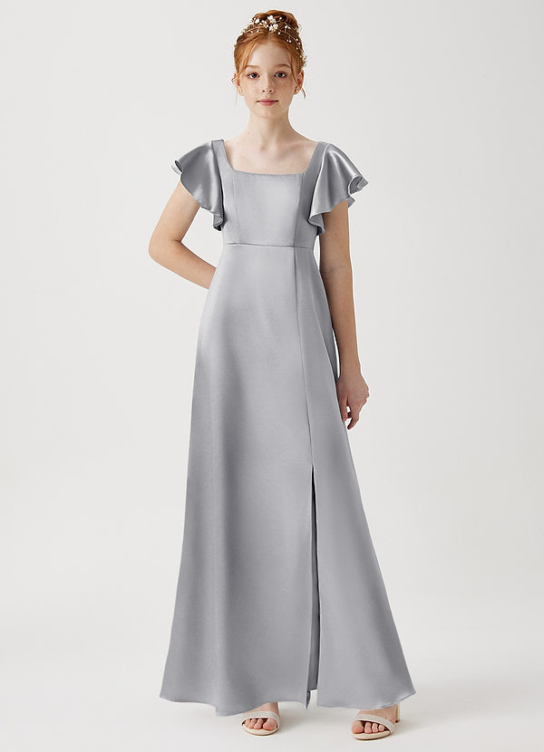 Azazie Bondi Junior Silver A-Line Side Slit Metallic Satin Dress image1