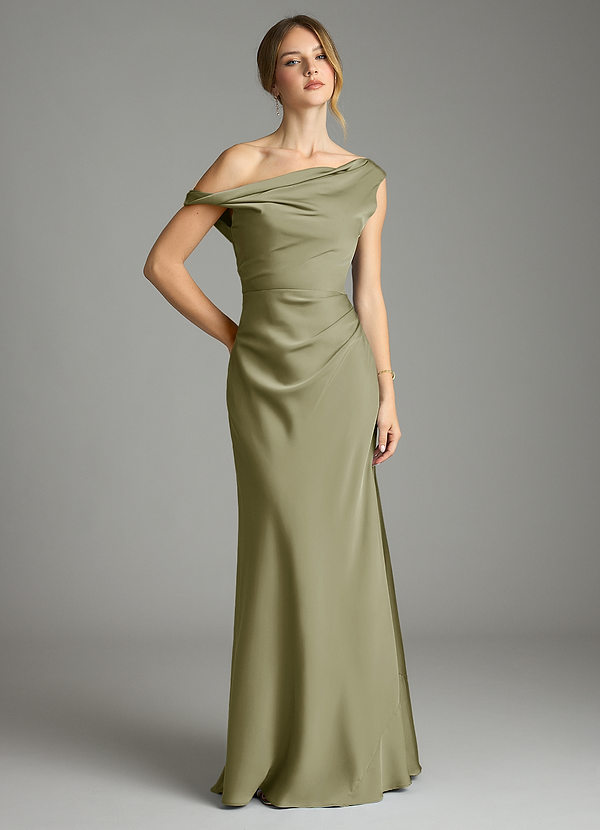 Azazie Emerson Bridesmaid Dresses Pistachio Mermaid Off the Shoulder Stretch Satin Dress image1