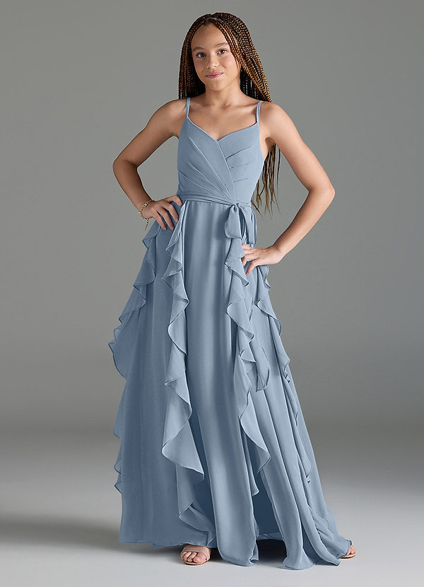 Azazie Peyton Junior Dusty Blue A-Line V-Neck Cascading Ruffles Chiffon Dress image1