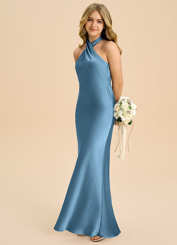 Azazie Chickie Junior Etui Plissee Stretch-Satin Kleid Stahlblau image1