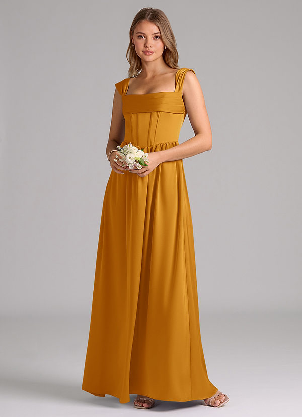 Azazie Hattie Bridesmaid Dresses Butterscotch A-Line Corset Stretch Satin Dress image1