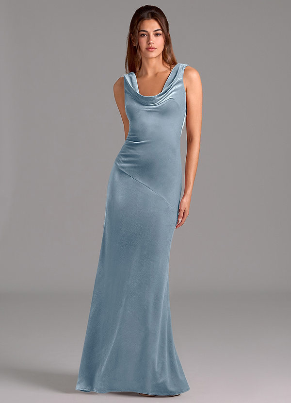 Azazie Rylina Robes Demoiselle d'honneur Robe Sirène en velours Arc Bleu Poussiéreux image1