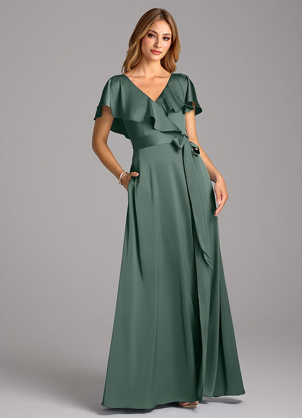 Azazie Lainey Bridesmaid Dresses Sea Moss A-Line with Pockets Stretch Satin Dress image1