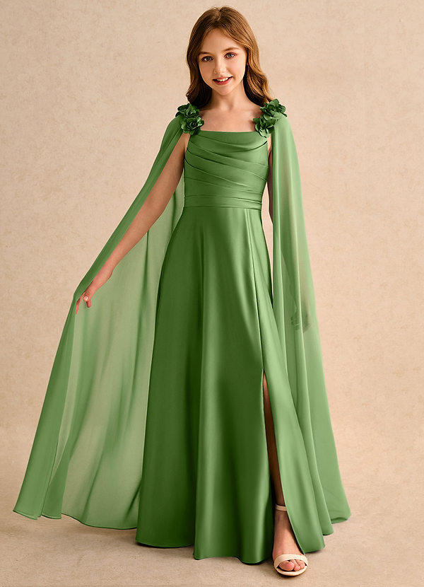 Azazie Rosita Girls Formal 플라워 걸 드레스 A라인 주름진 매트 새틴 플로어 길이 드레스 image1