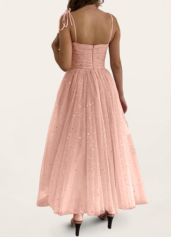 back Refléter l'éclat Rose Rougissant Robe longue en tulle à sequins