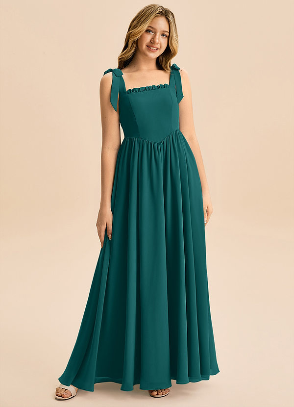 Azazie Delia Junior Abito A-Line in Chiffon Fiocco Verde Pavone image1