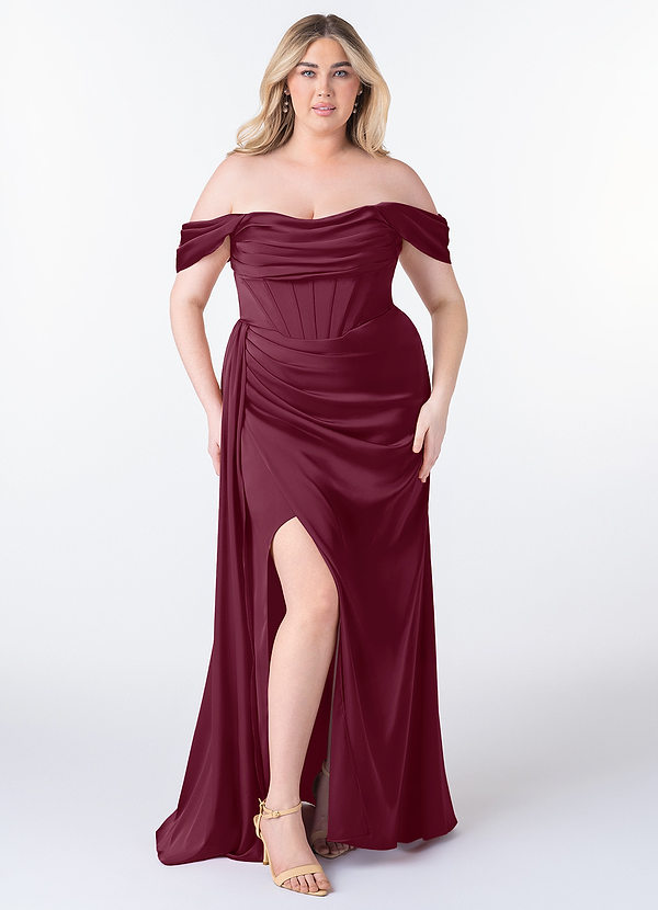 Azazie Amyra Robes Demoiselle d'honneur Robe Fourreau Convertible en Satin extensible Épaule décolletée Mûre image1