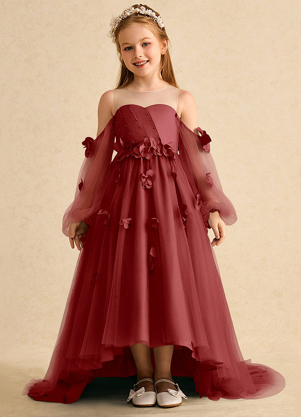 Azazie Karrie Robes de Fillette d'Honneur Robe Trapèze en Tulle avec manches Rouille image1