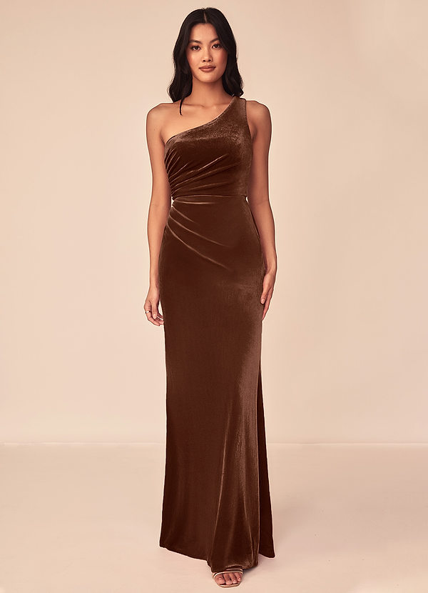 Azazie Argan Bridesmaid Dresses Umber A-Line One Shoulder Pleated Velvet Dress image1