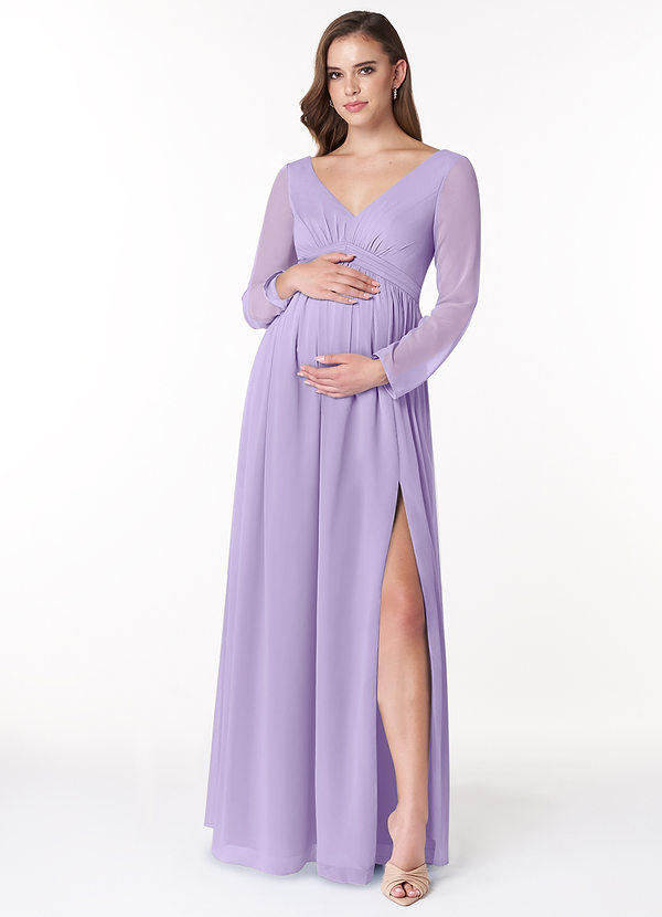 Azazie Teton Maternity Bridesmaid Dresses A-Line Long Sleeve Chiffon Floor-Length Dress image1