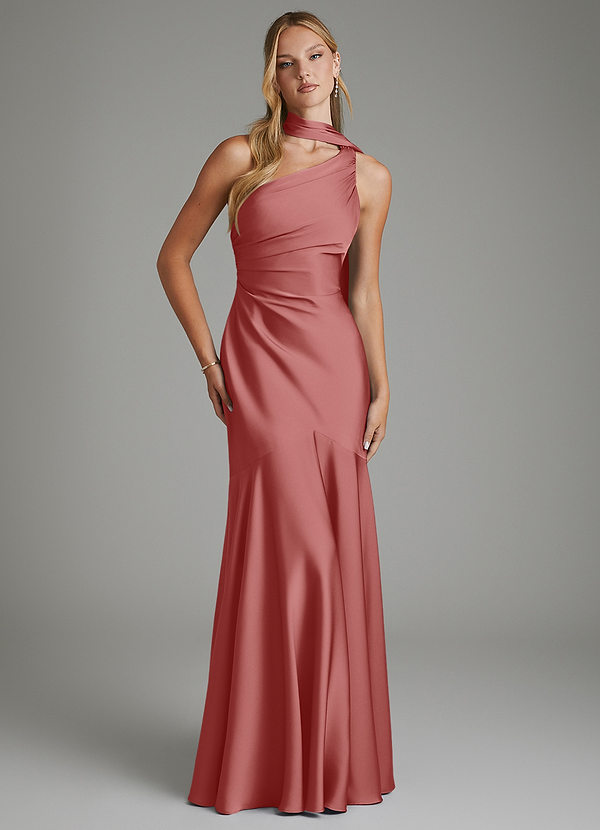 Azazie Amara Vestidos de dama de honor Vestido Rosa Antigua de Satén Elástico de Corte Sirena con Un hombro image1