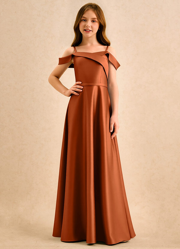 Azazie Jupie Girls Formal Vestidos de Niña de Flores Vestido de Naranja Quemada de Satin Mate de Corte en A con Plisado image1