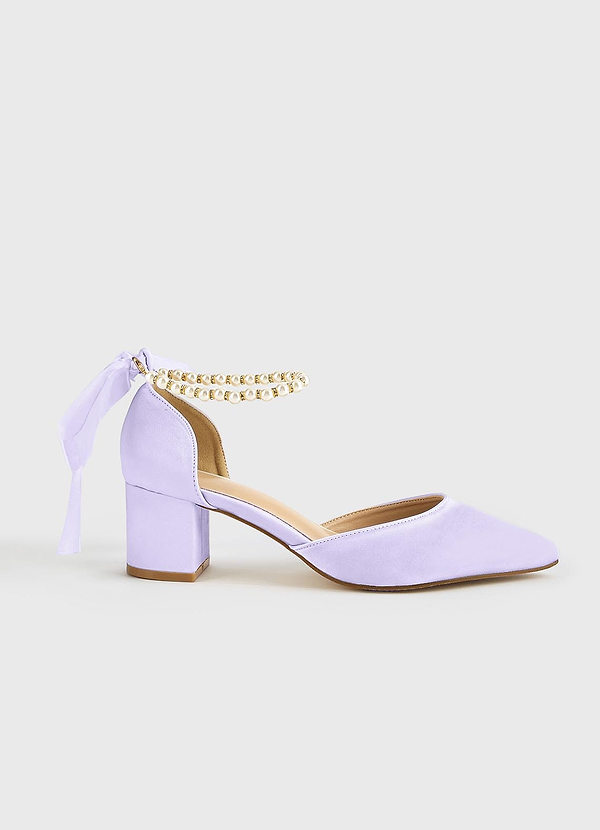 front Matching Color Matte Satin Pearl and Bow Pointed Toe Block Heels