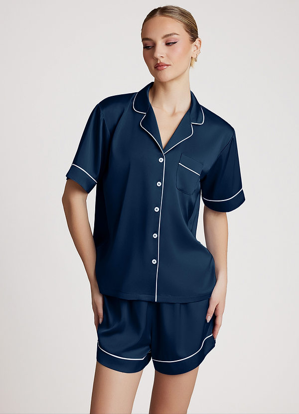 front Bleu Marine Foncé Ensemble de Pyjama 2 Pièces Court Satiné