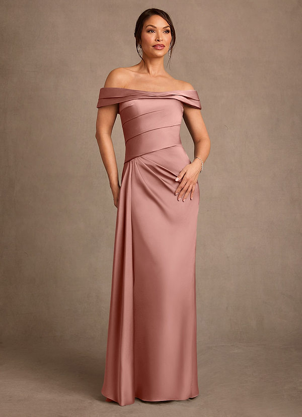 Azazie Beah Mother of the Brides Dresses Rosette Sheath Off the Shoulder Stretch Satin Dress image1