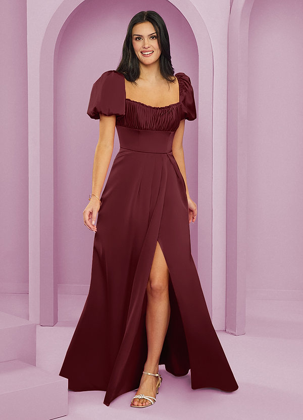 Barbie ♥ Azazie Bridesmaid Dresses Cabernet A-Line Ruched Stretch Satin Dress image1