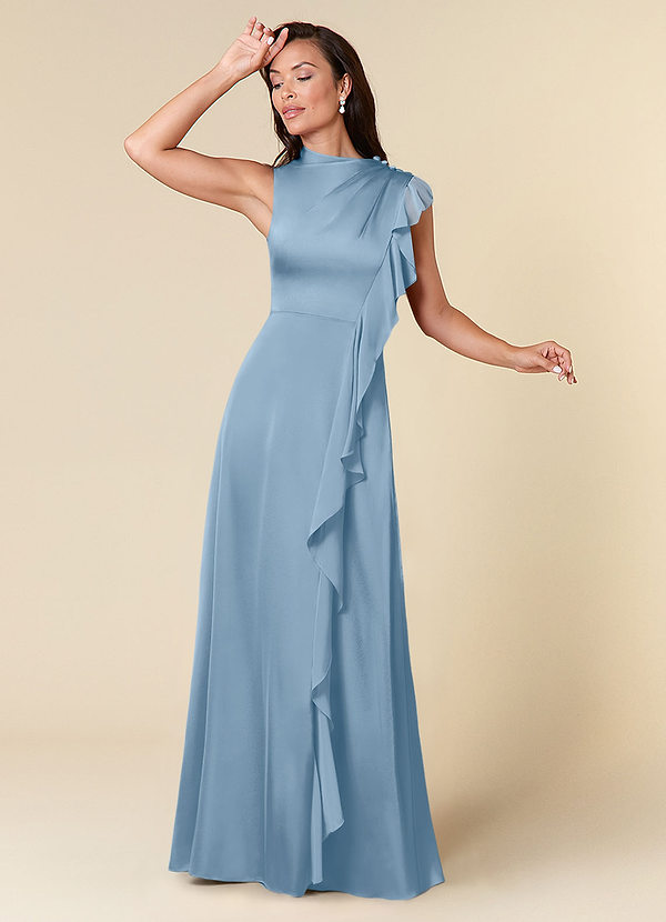 Azazie Narine Abiti da Mamma Sposa Abito A-Line in Raso Elasticizzato Scollo alto plissettato Azzurro Polvere image1