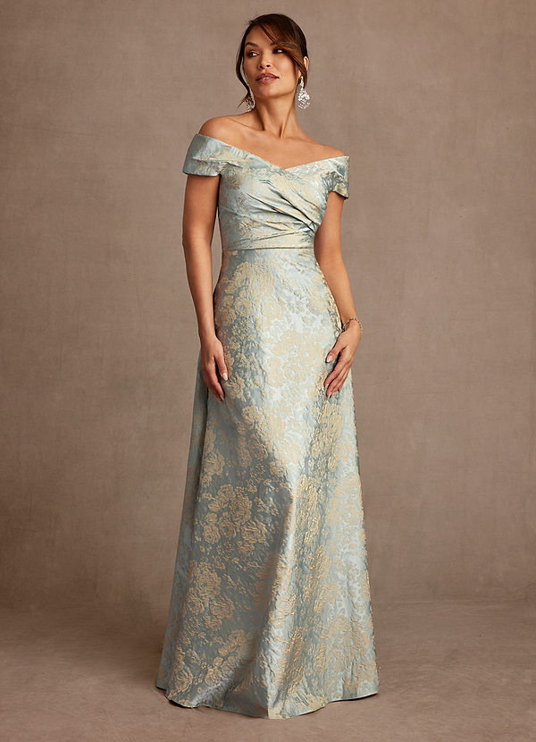 Azazie Beatrix Mother of the Brides Dresses Vintage Blue A-Line Off the Shoulder Floral Jacquard Dress image1