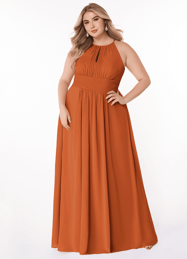 Azazie Bonnie Bridesmaid Dresses Cinnamon A-Line Keyhole Ruched Chiffon Dress image1