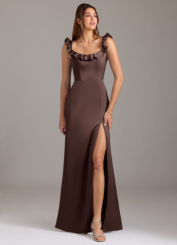Azazie Callie Bridesmaid Dresses Ganache A-Line Ruched Stretch Satin Convertible Dress image1