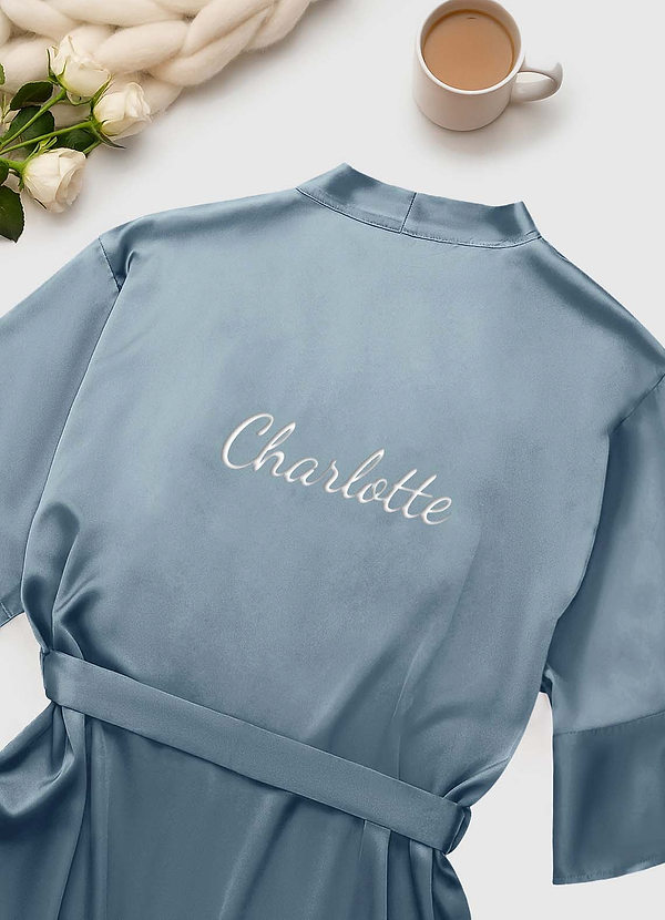 front Dusty Blue Personalized Embroidered Ruffled Satin Robe