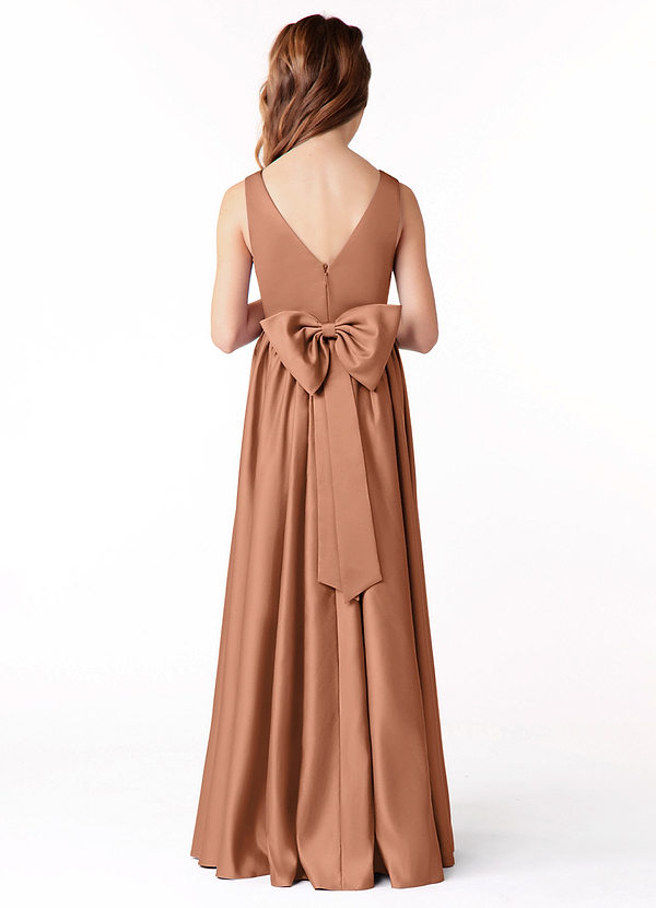 Azazie Hathaway Junior Bronzer A-Line Bow Stretch Satin Dress image1