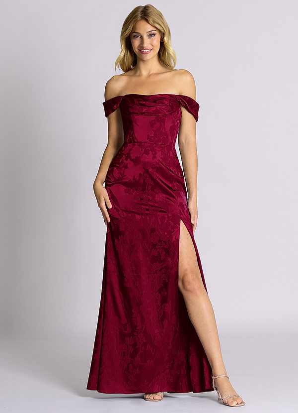 Azazie Saige 신부 들러리 드레스 인어 오프 더 숄더 자카드 바닥 길이 드레스 image1