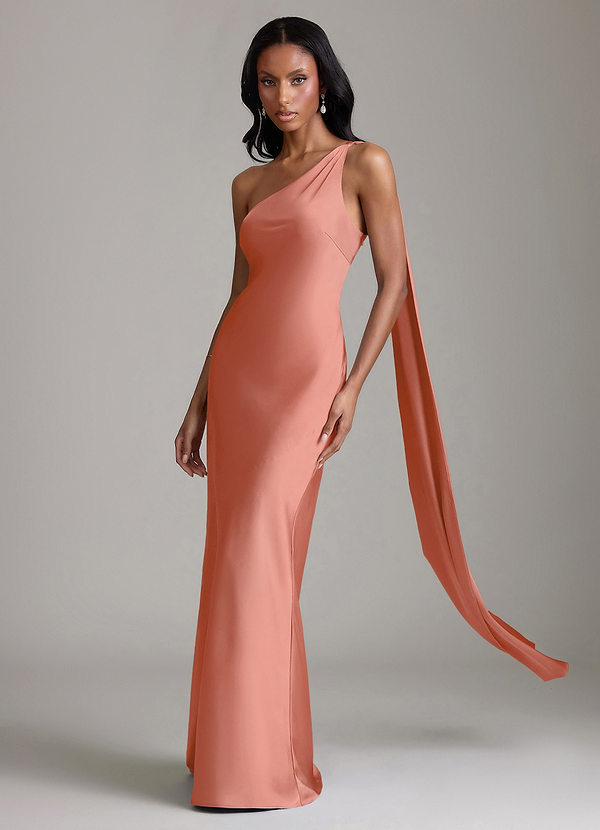 Azazie Galinda Brudtärneklänningar Klä av Sjöjungfru i Stretch Satin Ena axeln Laxrosa image1