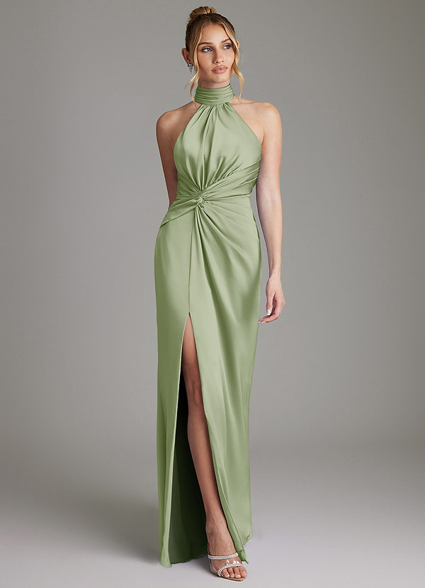 Azazie Gracelynn Bridesmaid Dresses Dusty Sage Sheath Pleated Stretch Satin Dress image1