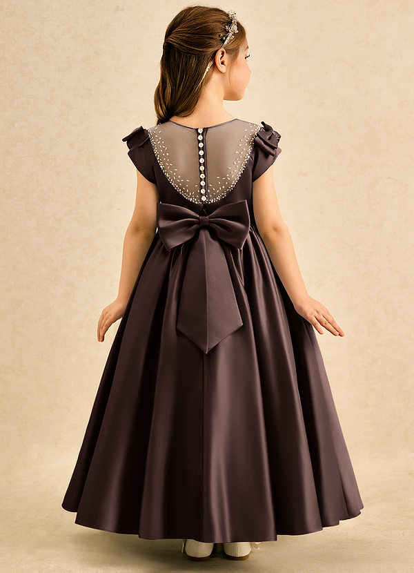Azazie Toffee Abiti da Damigella Bambina Abito Stile Principessa in Raso Opaco Fiocco Ganache image1