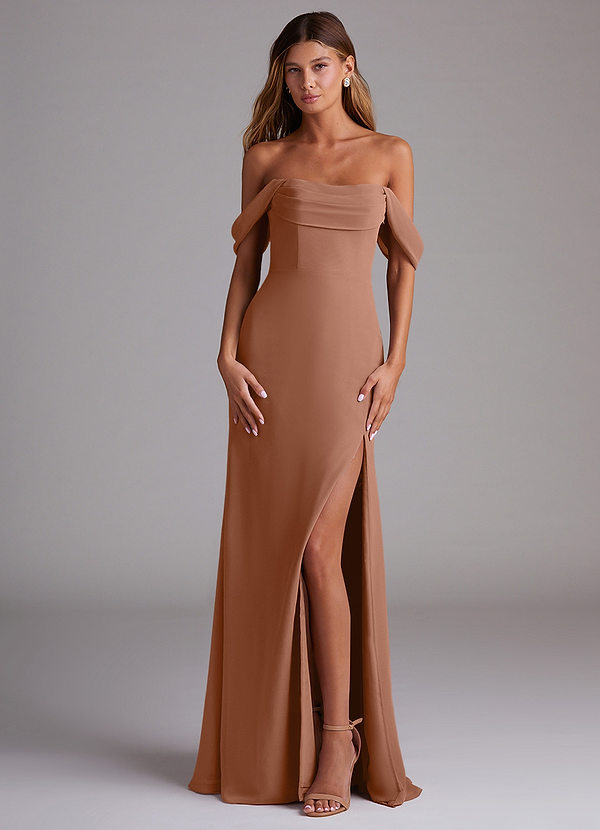 Azazie Saige Robes Demoiselle d'honneur Robe Trapèze Convertible en Mousseline de soie Épaule décolletée Bronze image1