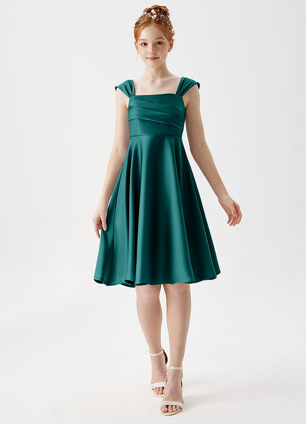 Azazie Amira Junior Peacock A-Line Pleated Stretch Satin Dress image1