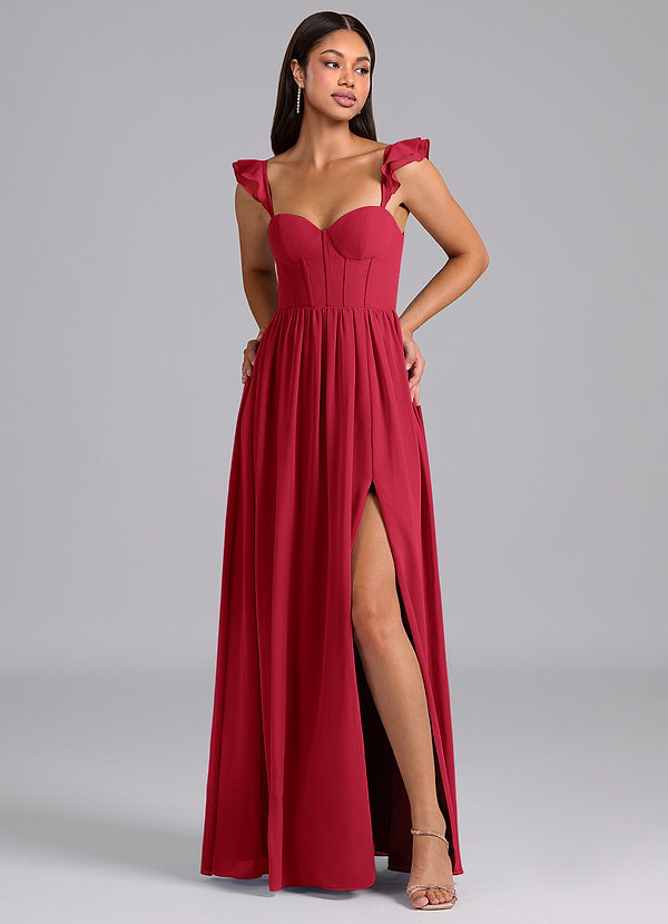 Azazie Denisse Bridesmaid Dresses Scarlet A-Line Ruched Chiffon Dress image1